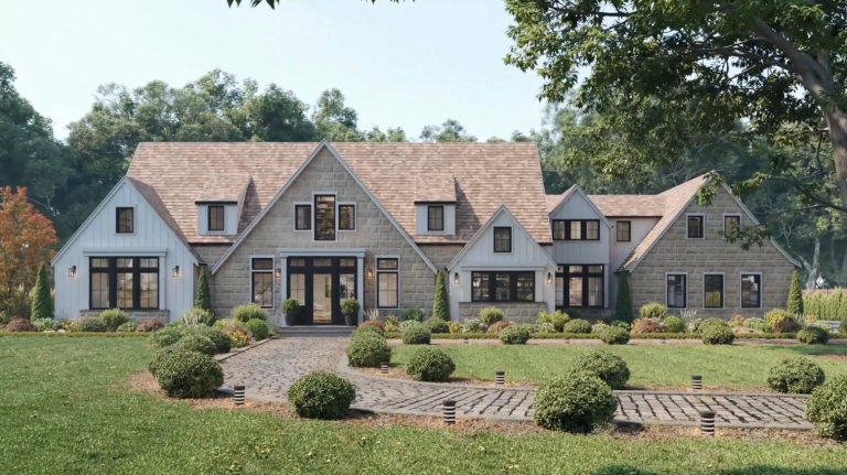This photorealistic 3D rendering for real estate shows a modern duplex with a blend of dark grey, white, and wood facades. It showcases each unit's separate entrance, garage, and landscaped areas, making it an ideal tool for real estate agents to help potential buyers visualize the finished property. The striking architecture and meticulous details of the home, including the glass railings and palm trees, are presented to attract more serious buyers.