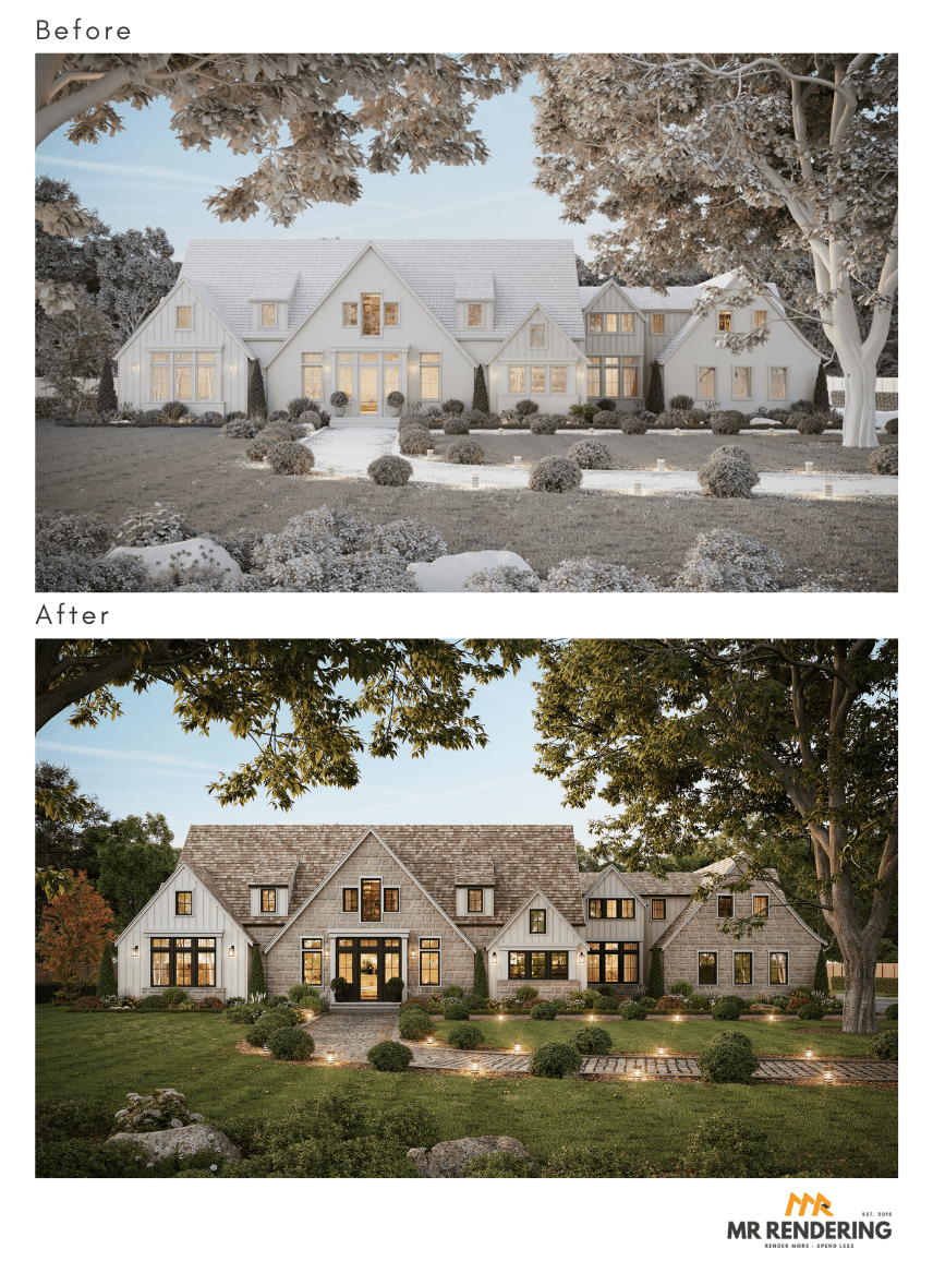 Before-After real estate 3d rendering demonstrating the transformation of a luxury farmhouse exterior, a powerful combination of original design and vivid visualization.