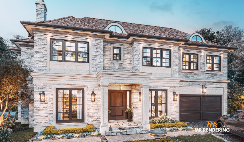 A classic and elegant 3d rendering for a two-story house made of stone, featuring multiple windows, a prominent entrance, and a two-car garage.