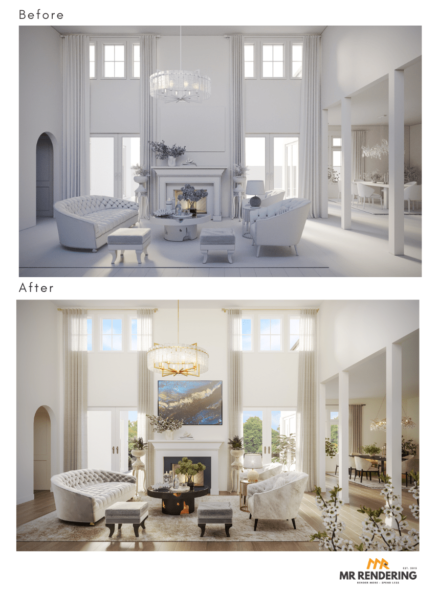 Real estate 3D rendering before-after of a grand living room, highlighting the successful combination of design elements brought to life through visualization.