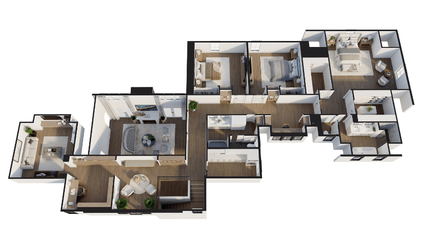 3D floorplan real estate rendering, offering a comprehensive combination of layout and spatial visualization for a multi-room residential property.