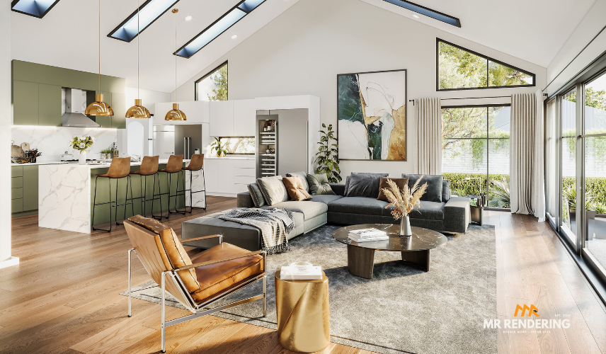 A photorealistic 3D interior rendering in Miami of a spacious open-concept living room and kitchen. The room has high vaulted ceilings with skylights, light wood floors, and a soft color palette. A modern kitchen with green cabinets and a large marble island is on the left. The living area features a large gray sectional sofa, a tan leather chair, and a fireplace. Large windows and a sliding glass door open to an outdoor patio.