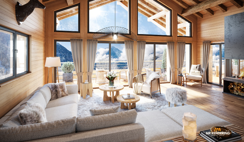 Cozy, light-filled chalet interior shown in a realistic 3d rendering in Vietnam, featuring wood paneling, large windows with mountain views, and comfortable furniture.