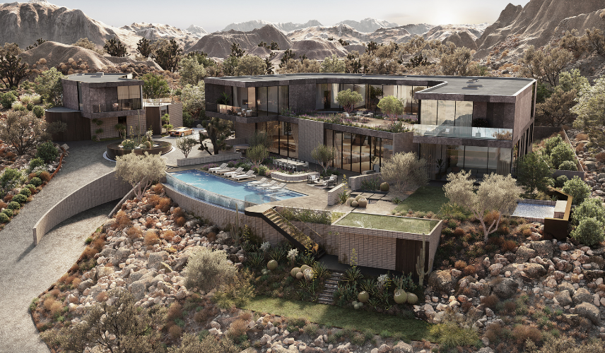 Photorealistic 3D exterior rendering of a luxury hillside villa with a custom infinity pool, a project where a complex design significantly affects the 3D exterior rendering price.
