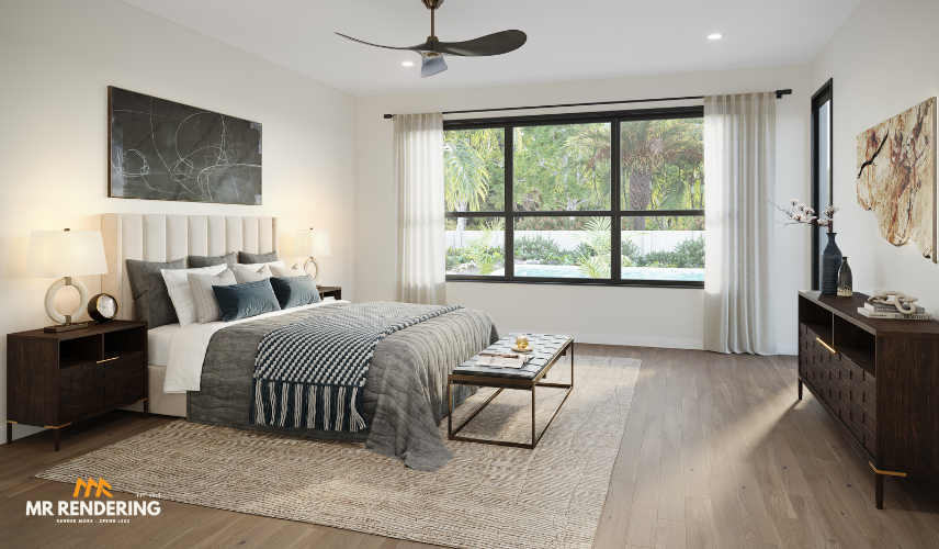 A bright and inviting bedroom interior is showcased in this stunning 3D rendering. This design would be highly appealing to buyers in the real estate Texas market who value modern, comfortable living spaces. The room features light wood flooring, a textured rug, and a plush upholstered bed with accent pillows. A large window offers a view of a lush outdoor area with a pool. The clean lines, minimalist decor, and natural light create a peaceful and sophisticated atmosphere.