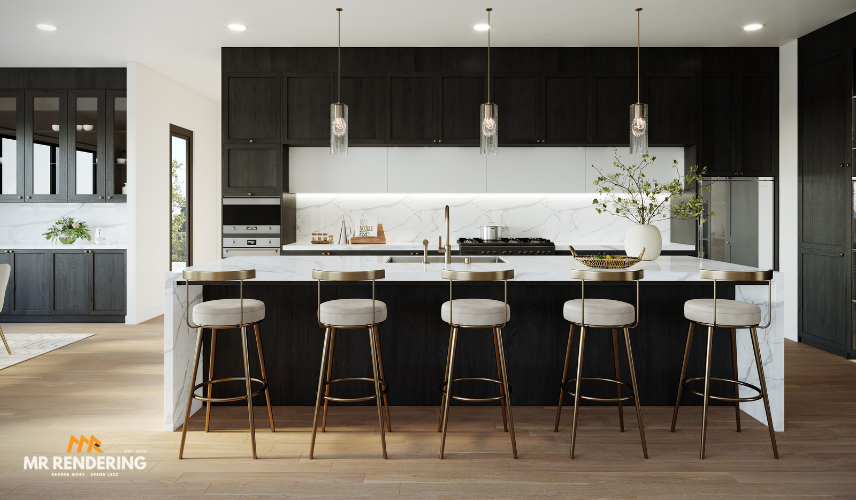 This 3D rendering features a sleek, modern kitchen that is sure to attract a buyer's attention in the competitive real estate Texas market. The kitchen island has a light marble countertop with waterfall edges and is complemented by a dark wood base. Gold-accented bar stools and stylish pendant lights hang above, adding a touch of elegance to the space. The design combines dark cabinetry with a clean white backsplash, creating a striking contrast that is both functional and visually appealing.