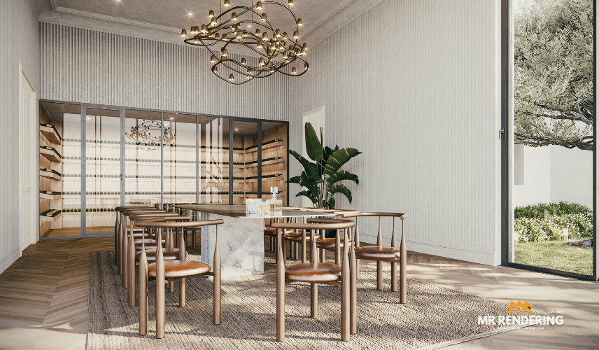 High-end dining room with a large, modern chandelier over a marble table, surrounded by stylish wooden chairs. A built-in wine cellar with glass doors lines one wall, and a tall green plant adds a touch of nature. Large windows on the right offer a view of an outdoor garden. This image showcases the detailed results of professional 3d interior rendering services.