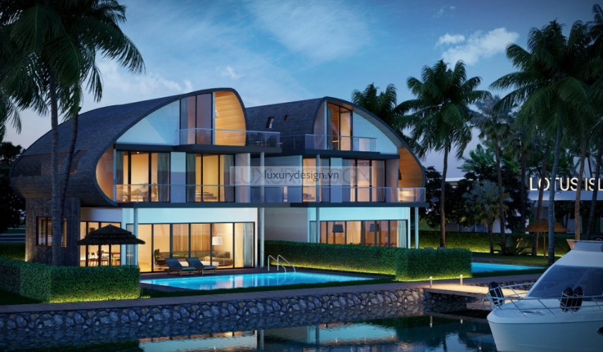 A high-quality 3D rendering of a modern, luxurious villa in Vietnam with unique curved roofs, featuring a private swimming pool, lush landscaping, and a dock with a yacht. Palm trees and a calm waterfront complete this stunning architectural visualization.