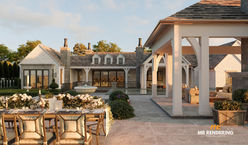 A professional outsourcing 3D rendering in Vietnam specializing in 3D rendering in Houston. The image shows a modern, two-story house with a mix of light and dark gray paneling, large windows, and a clean, contemporary design. A palm tree and landscaping are visible in the foreground, creating an inviting and realistic view of the property.
