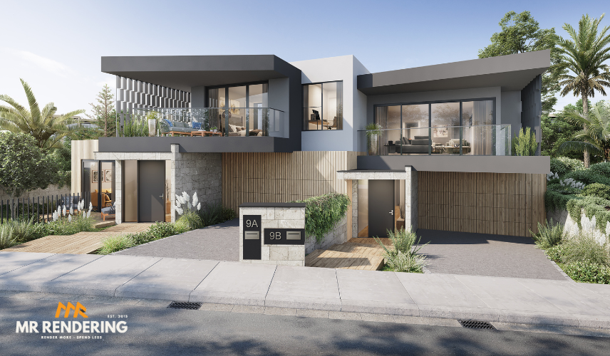 A photorealistic 3D rendering of a modern duplex exterior with contemporary architecture, balconies, and landscaping, demonstrating high-quality exterior visualization and its influence on 3D rendering price.