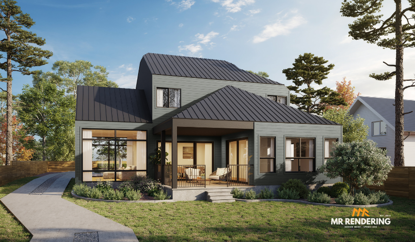 A photorealistic 3D rendering of a modern, two-story house with a dark metal roof and gray siding, surrounded by trees and a green lawn. This image showcases the expert detail, contextual accuracy, and unique design that a human 3D artist provides, ensuring a beautiful and buildable result that AI alone cannot achieve.