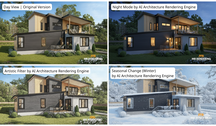 AI architecture rendering showcasing a modern house in four variations: an original day view, a night mode with illuminated interiors, an artistic filter rendering, and a seasonal change depicting the house in winter with snow.