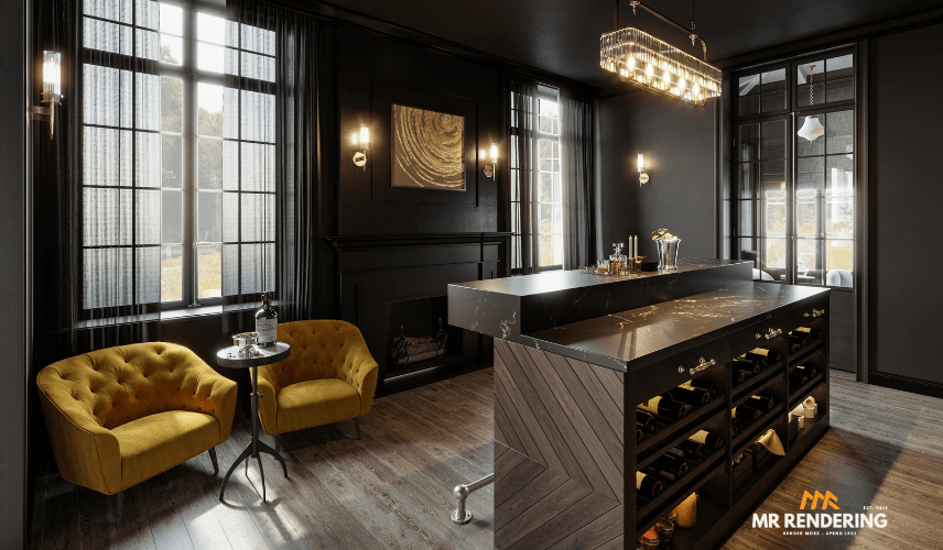 A photorealistic CGI interior design of a luxurious home bar area featuring a large, dark marble-topped island with a built-in wine rack. Two mustard yellow velvet armchairs sit near a large window with gridded panes. The room has dark walls and a fireplace, with a crystal chandelier and sconces providing elegant lighting.