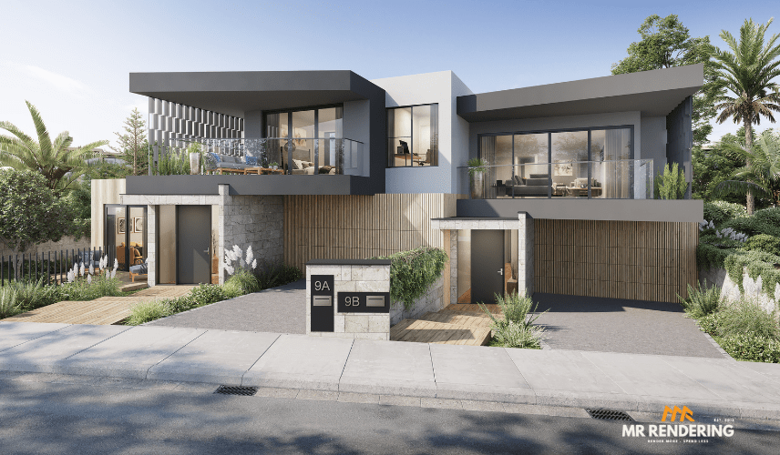 A stunning photorealistic 3d rendering of a house with a modern, two-story duplex design, featuring sleek dark and light gray facades, wood accents, and lush green landscaping.