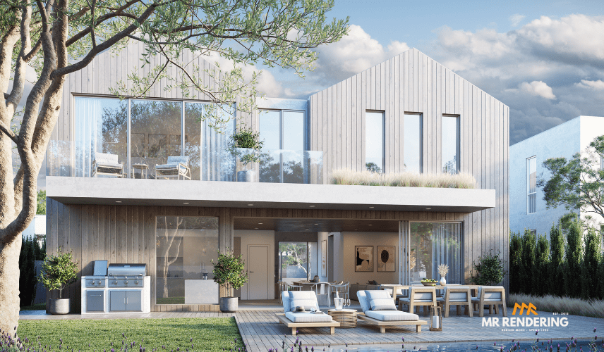 A stunning photorealistic exterior rendering of a modern two-story home with a spacious deck, outdoor grill, and lounge area, created by a leading 3d rendering company in Texas. 