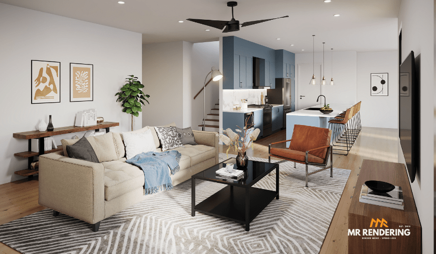 A photorealistic 3D interior rendering of a modern, open-concept living room and kitchen. The living area features a light beige sectional sofa, a black coffee table, and an orange leather armchair on a patterned rug. The kitchen has a blue accent wall, a large island with bar stools, and modern appliances. A staircase is visible in the background. The rendering uses a neutral color palette with warm accents and includes contemporary art on the walls.