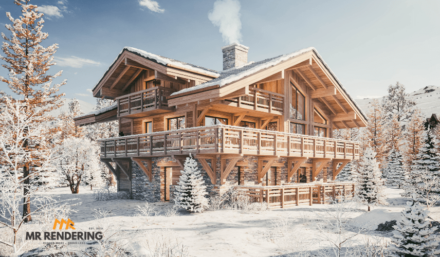 A photorealistic CGI rendering of a luxurious wooden chalet in a snowy mountain landscape. The two-story home features expansive balconies, stone masonry on the lower level, and smoke rising from a large stone chimney. The surrounding pine trees and ground are covered in snow, creating a serene winter scene.