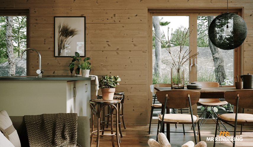 A warm and rustic kitchen and dining area with wooden paneled walls, a simple island, and a dining set, demonstrating excellent detail irrespective of 3D Rendering Cost.