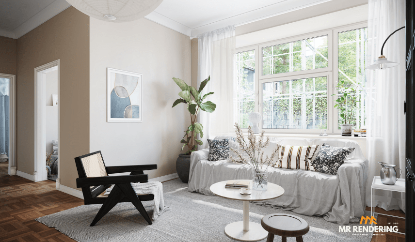 A bright and airy living room with a large window, a sofa with a linen slipcover, and a unique cane armchair, showcasing the quality achievable at any 3D Rendering Cost.