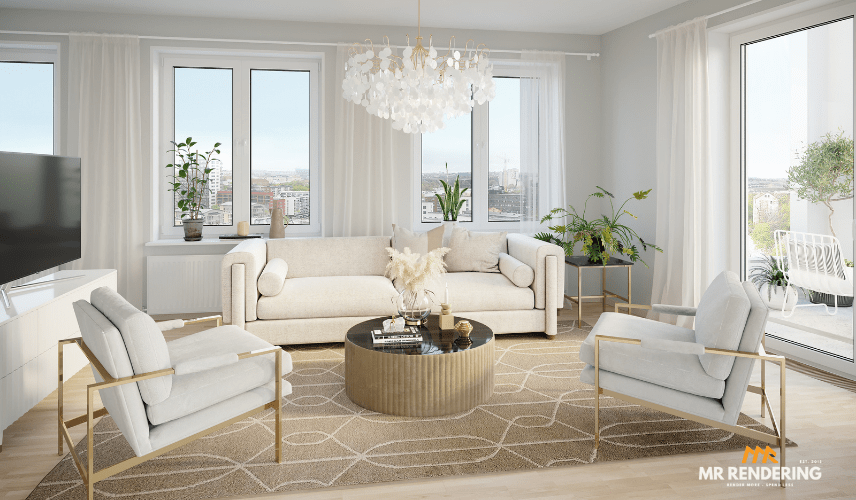 A modern living room with a neutral color palette, featuring a light wood coffee table, beige sofa, and large windows with sheer curtains, showcasing a high-quality example of CGI interior design.