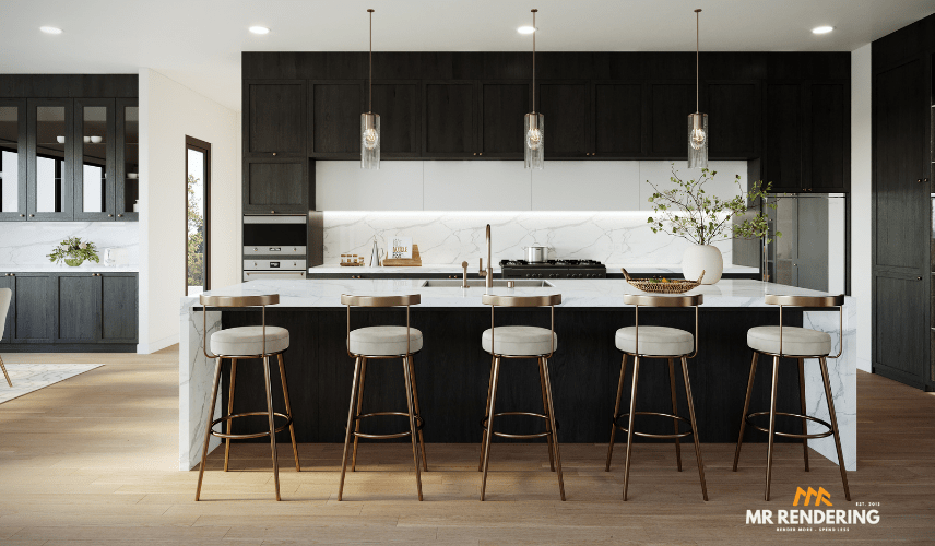 A dramatic and luxurious 3D rendering of a kitchen featuring dark wood cabinetry, a large white marble waterfall island, and five elegant bar stools with gold frames.