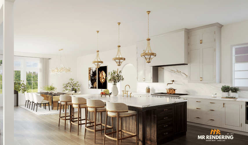 A bright and spacious luxury kitchen with a large dark wood island, elegant gold pendant lights, and light-colored cabinetry. This is a high-end Residential 3d rendering of a contemporary kitchen.