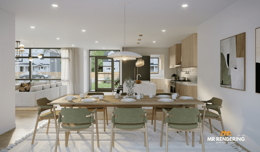 A bright and airy, open-concept 3D rendering of a kitchen and dining area, featuring minimalist white and light wood cabinetry, a clean-lined island, and a wooden dining table.