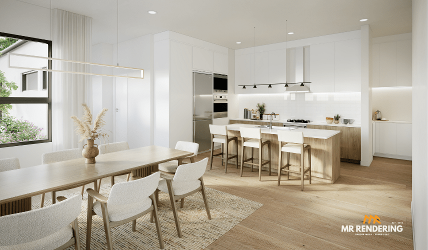 An open-plan 3D rendering of a kitchen, dining, and living area, viewed from the dining table with green chairs. The kitchen features light wood cabinets and a terrazzo island.