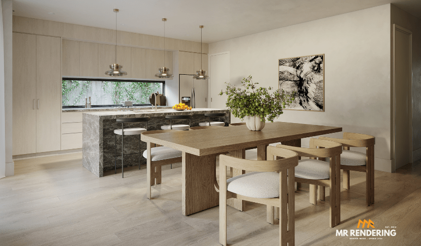 An open-plan 3D rendering of a kitchen, dining, and living area, viewed from the dining table with green chairs. The kitchen features light wood cabinets and a terrazzo island.