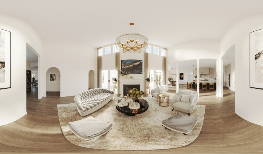 A 360-degree panoramic view of a grand, two-story living room with a tufted sofa, a large fireplace, and a crystal chandelier. This is an example of immersive Virtual Tours of Houses.