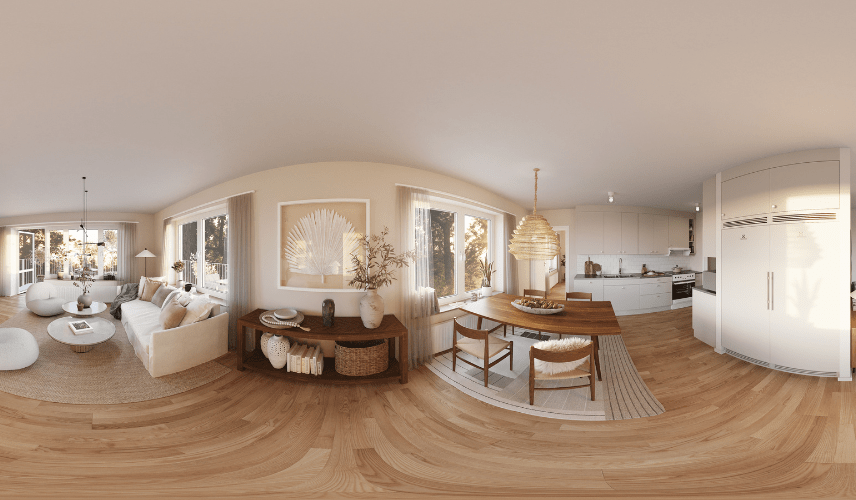 A 360-degree panoramic view of a bright, Scandinavian-style open-plan living and dining area with a white sofa, a wooden dining table, and a white kitchen. These immersive Virtual Tours of Houses showcase a home's natural light.