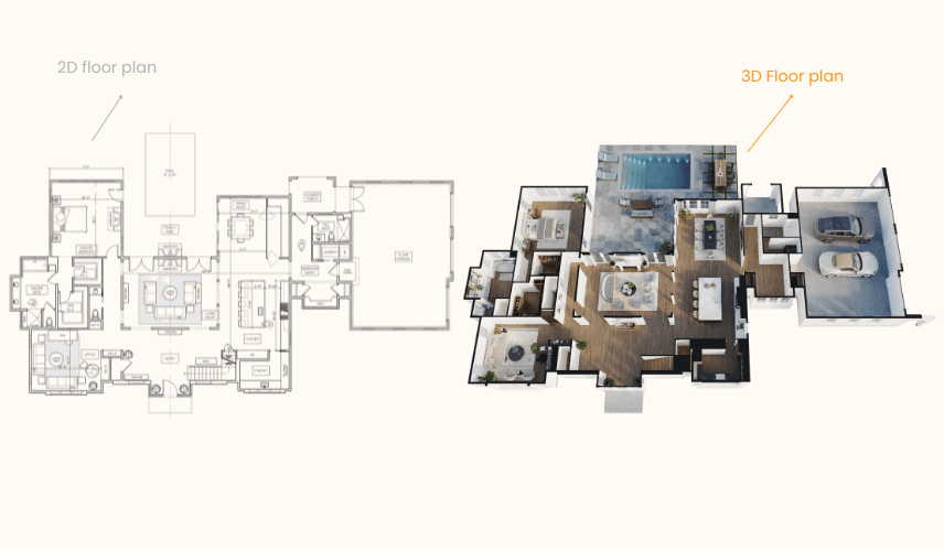 A side-by-side comparison showing a traditional 2D architectural blueprint on the left and a photorealistic, fully furnished 3D floor plan on the right. This image demonstrates the evolution of floor plans for real estate marketing.