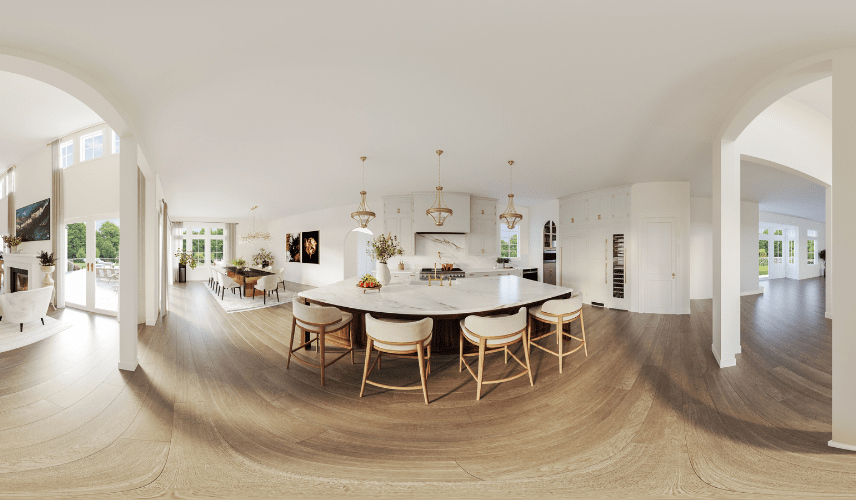 A 360-degree panoramic view from the center of a luxury open-plan home, allowing users to explore the hexagonal kitchen island and grand living room in interactive 3d virtual tours.