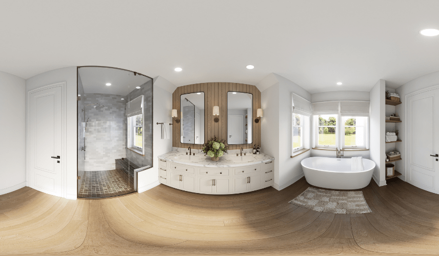 A full 360-degree panoramic view of a bright farmhouse bathroom, used for creating immersive 3d virtual tours that show the double vanity, freestanding tub, and glass shower.