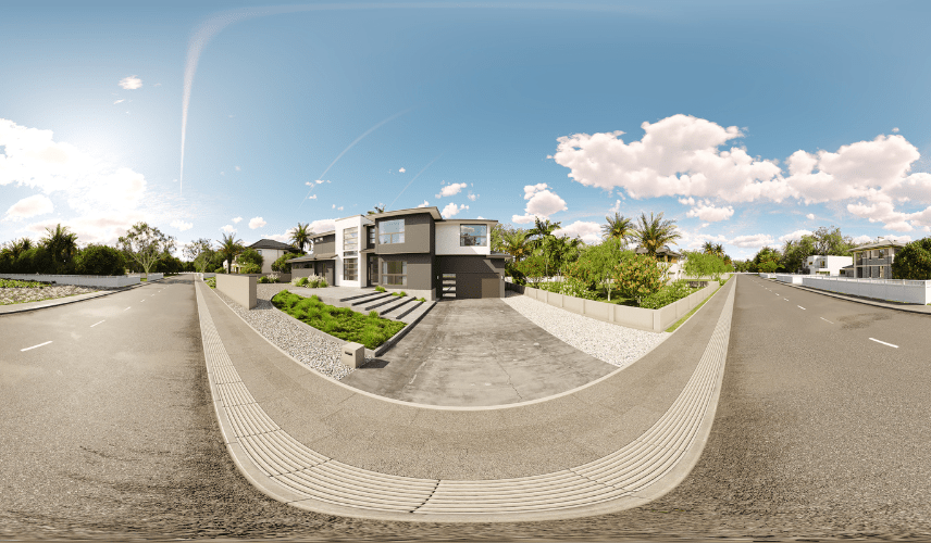 An exterior 360-degree panoramic view of a modern home from a street corner, a key component in 3d virtual tours for real estate that allows users to explore the neighborhood.