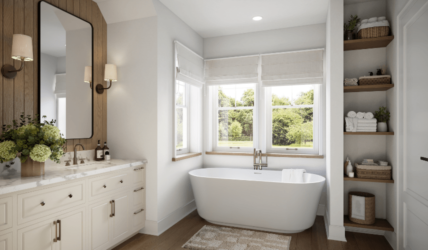 Serene Farmhouse Bathroom Retreat - 3d interior rendering service of MR Rendering studio A bright farmhouse-style bathroom featuring a double vanity, a freestanding tub under a large window, and built-in wooden shelves. This serene space is a beautiful 3d rendering of a room.