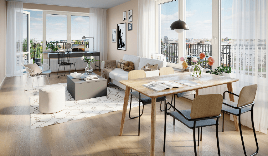 Sun-Drenched City Living: An Open-Plan Apartment - 3d interior rendering - MR Rendering studio A bright and airy 3d rendering of a room depicting a Scandinavian-style open-plan living and dining area with a balcony overlooking a city.