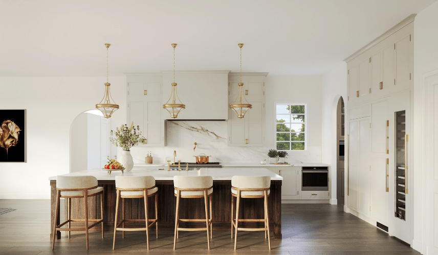 A static render of a luxurious transitional kitchen with a dark wood island and gold pendant lights, showcasing the high-end detail used in 3d virtual tours.
