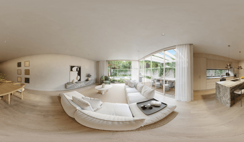 A 360-degree panoramic view of a minimalist open-plan living area with a large, curved white sofa and a curved glass wall opening to an outdoor patio. Immersive Virtual Tours of Houses effectively showcase unique architectural features.