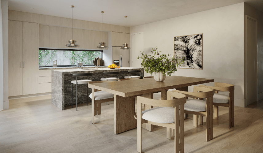 A minimalist open-plan kitchen and dining area featuring a grey marble waterfall island, light wood cabinetry, and a large wooden dining table. The realism of these materials is vital for effective 3d animation real estate.
