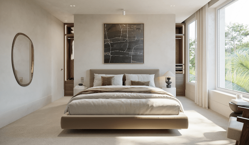 A calm, minimalist bedroom with a low-profile bed, textured walls, and open walk-in wardrobes on either side of the headboard. A high-quality 3d animation real estate can effectively showcase the flow of such a master suite.