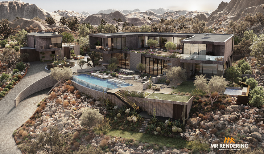 A sprawling desert modern ranch home with unique curved rooflines, a circular driveway, and extensive desert landscaping, demonstrating high-quality photomontage architecture.