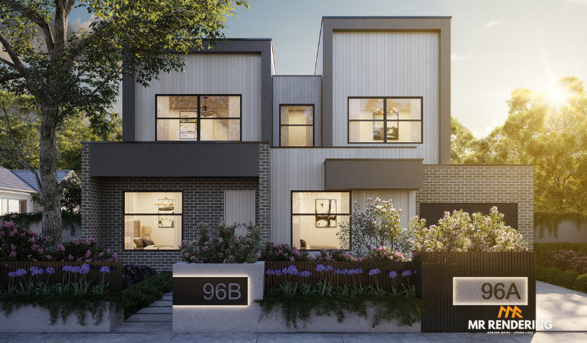 The rear exterior of a contemporary multi-level home featuring dark horizontal siding, natural wood paneling, and an elevated covered deck. This is a detailed 3D Architectural Exterior Rendering.