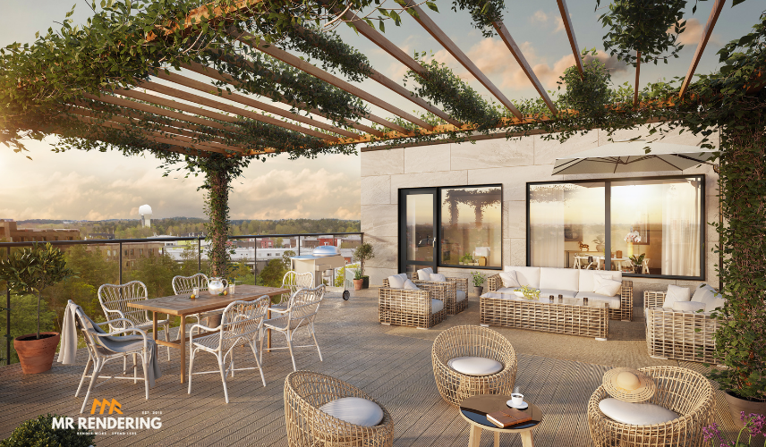 A spacious rooftop terrace with a large wooden pergola covered in vines, featuring dining and lounge areas with wicker furniture, overlooking a cityscape at sunset. This 3D Architectural Exterior Rendering showcases outdoor living.