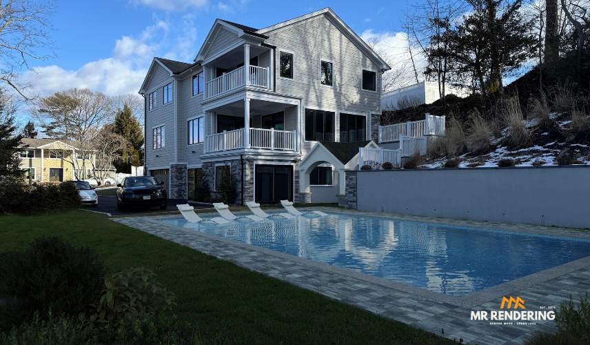 A 3d rendering new york depicting a large, multi-level modern home with extensive balconies overlooking a luxurious swimming pool.