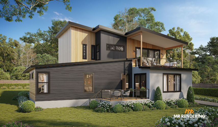 The rear exterior of a contemporary multi-level home featuring dark horizontal siding, natural wood paneling, and an elevated covered deck. This is a detailed 3D Architectural Exterior Rendering.