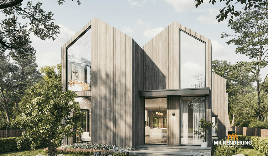 Modern Dual-Gable Residence with Wood Siding - 3D exterior rendering service of MR Rendering studio The front exterior of a modern two-story home with a distinctive dual-gable design, vertical wood siding, and large, angular windows, set amidst lush trees. This is a high-quality architectural 3d rendering service Los Angeles.