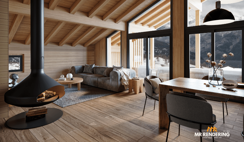 A warm and inviting alpine chalet interior with vaulted wood ceilings, a modern freestanding fireplace, and large windows overlooking a snowy mountain view. The intricate details here impact 3D Architectural Animation Cost.