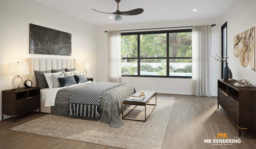 A modern bedroom featuring a large window overlooking a lush outdoor pool area, a neutral color palette, and contemporary furnishings, illustrating the versatile usage of 3d animation in architecture.