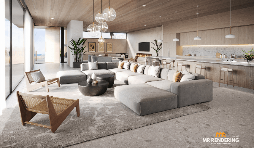 A luxurious and spacious open-concept interior featuring a large modular sofa, a modern kitchen with an island, and warm wood ceilings. High-end interiors like this affect 3D Architectural Animation Cost.